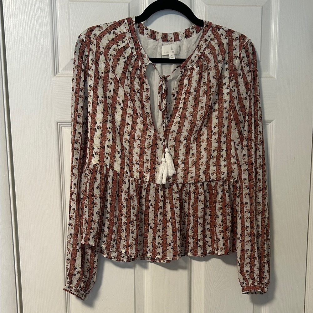 Lost + Wander Red and White Floral Striped Blouse